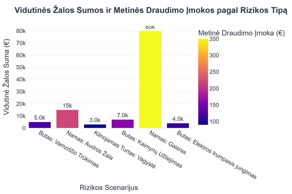 Vidutinės Žalos Sumos ir Metinės Draudimo Įmokos pagal Rizikos Tipą