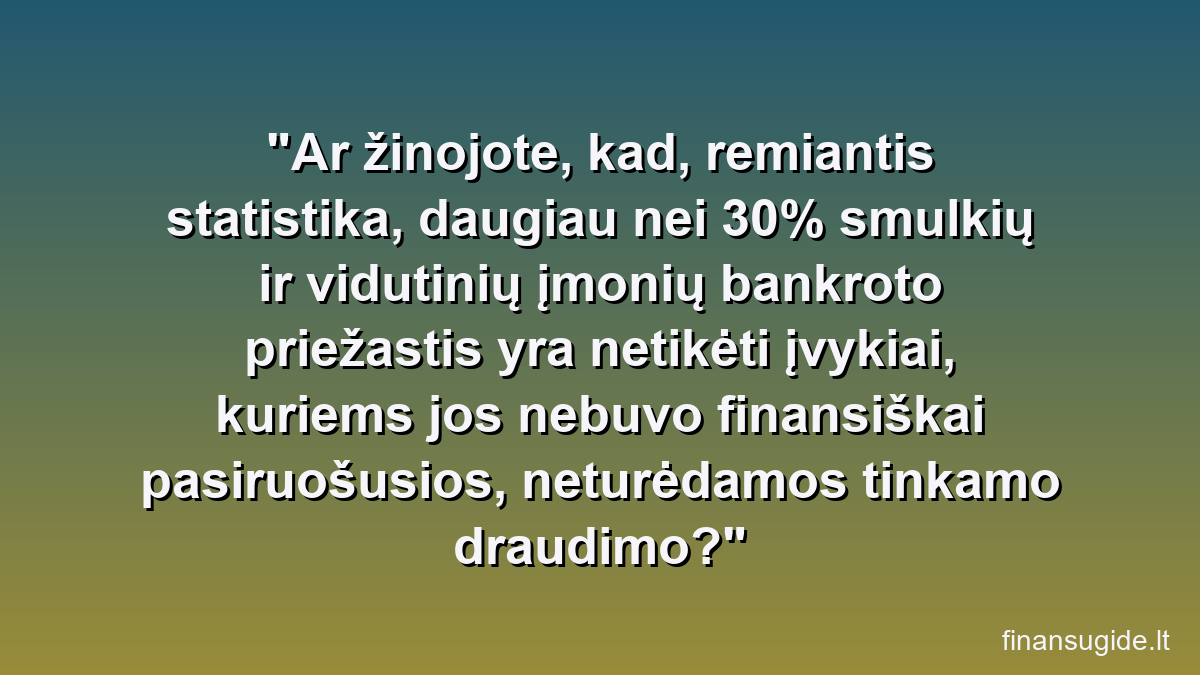 Ar žinojote, kad, remiantis statistika, daugiau nei 30% smulkių ir vidutinių įmonių bankroto priežastis yra netikėti įvykiai, kuriems jos nebuvo finansiškai pasiruošusios, neturėdamos tinkamo draudimo?
