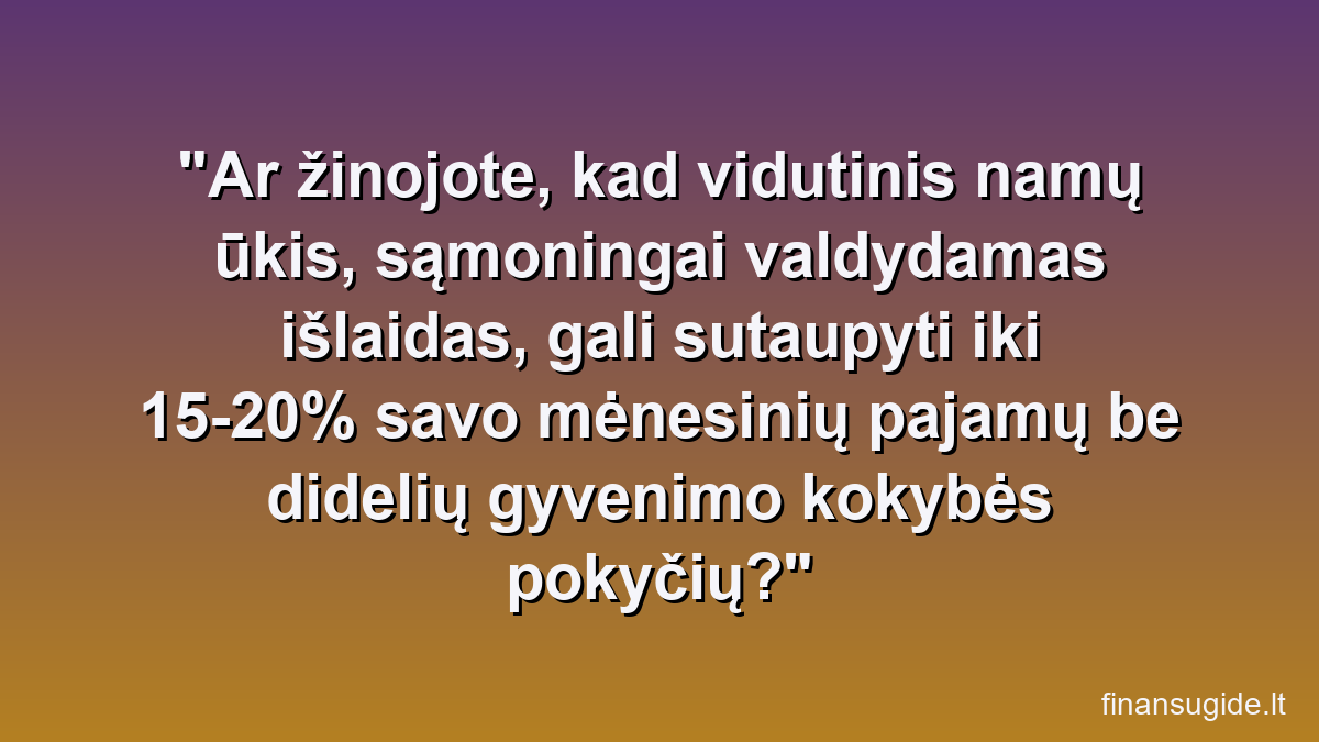 Ar žinojote, kad vidutinis namų ūkis, sąmoningai valdydamas išlaidas, gali sutaupyti iki 15-20% savo mėnesinių pajamų be didelių gyvenimo kokybės pokyčių?