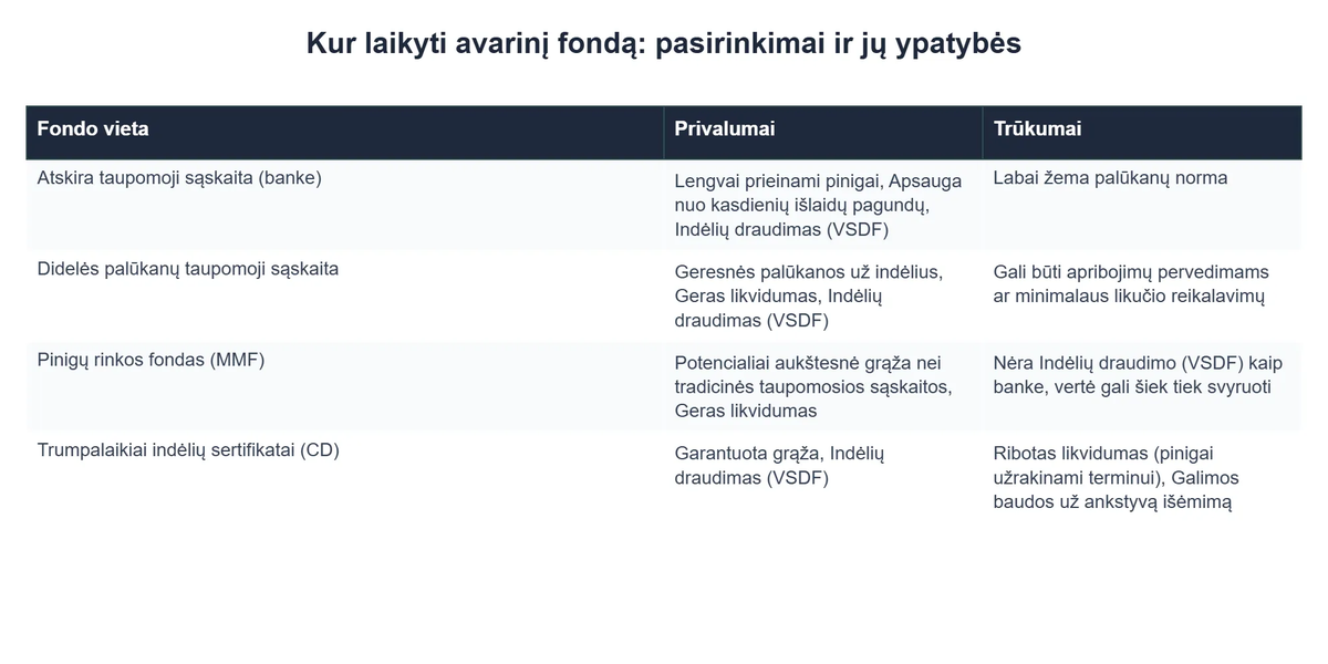 Kur laikyti avarinį fondą: pasirinkimai ir jų ypatybės