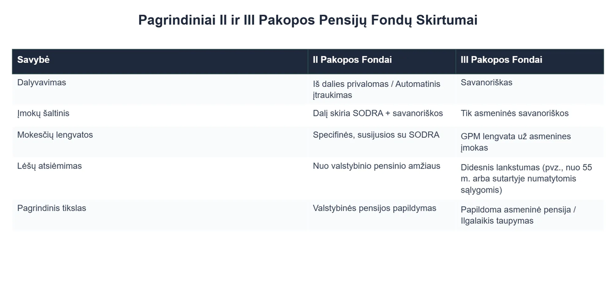 Pagrindiniai II ir III Pakopos Pensijų Fondų Skirtumai