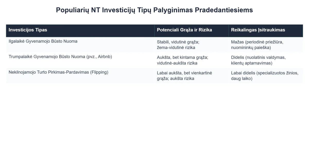 Populiarių NT Investicijų Tipų Palyginimas Pradedantiesiems